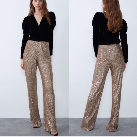 zara sequin flare pants
